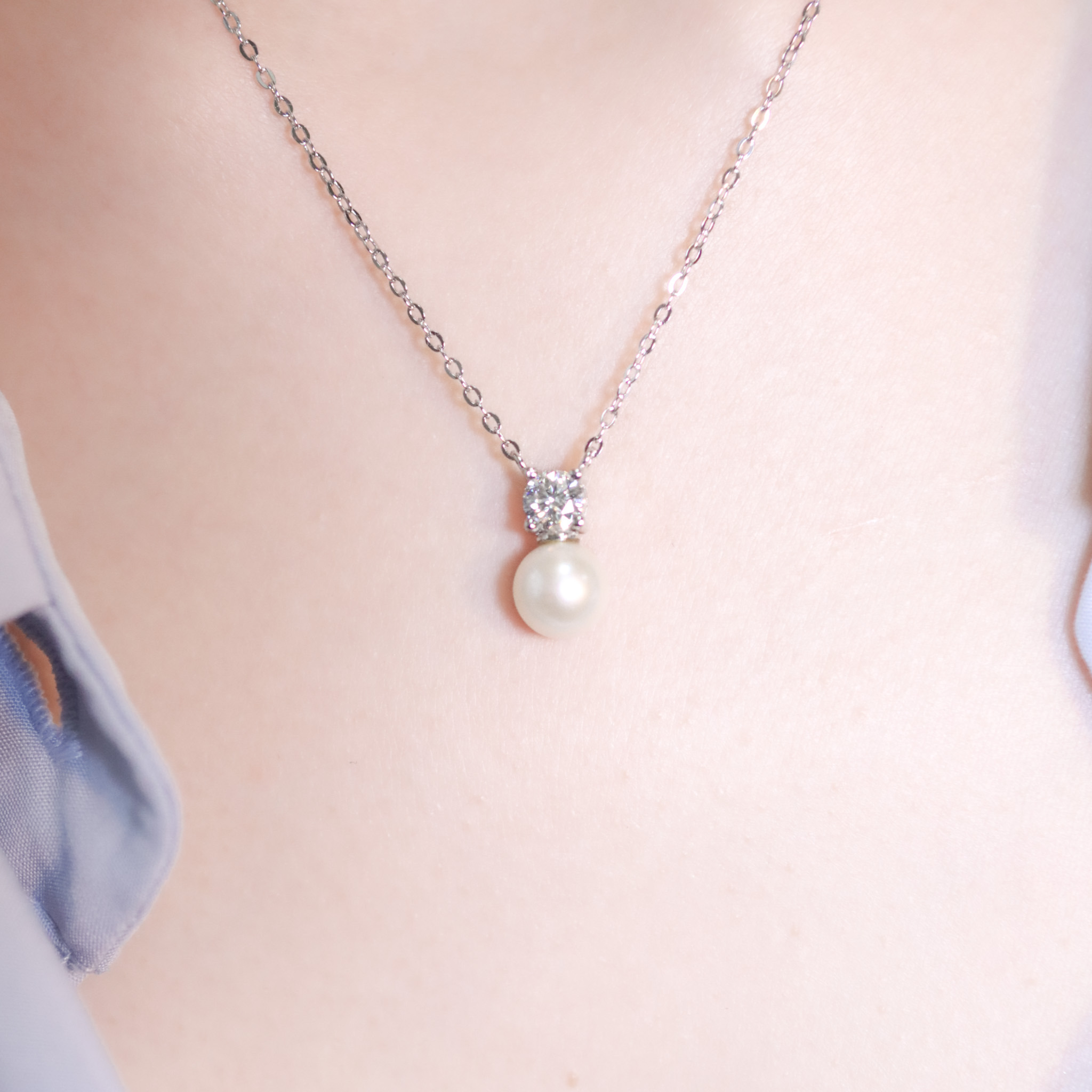 | 925純銀・厚鍍白金・莫桑石・珍珠 | 珍貴一心一意項鍊 | NE1419 |