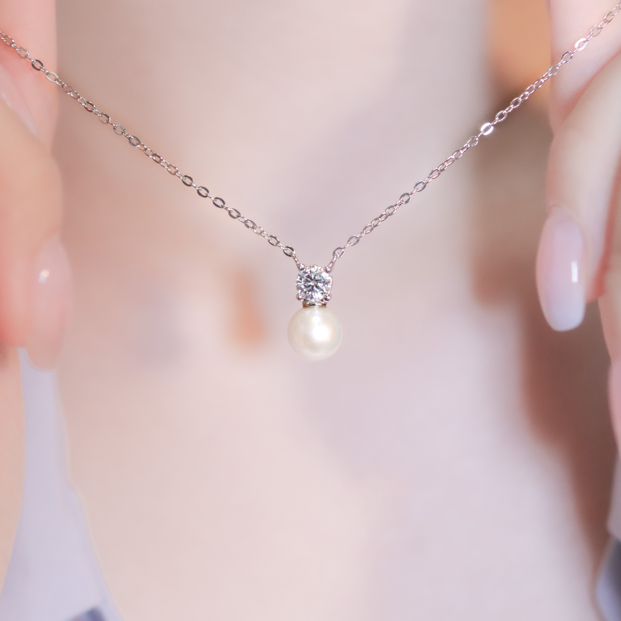 | 925純銀・厚鍍白金・莫桑石・珍珠 | 珍貴一心一意項鍊 | NE1419 |