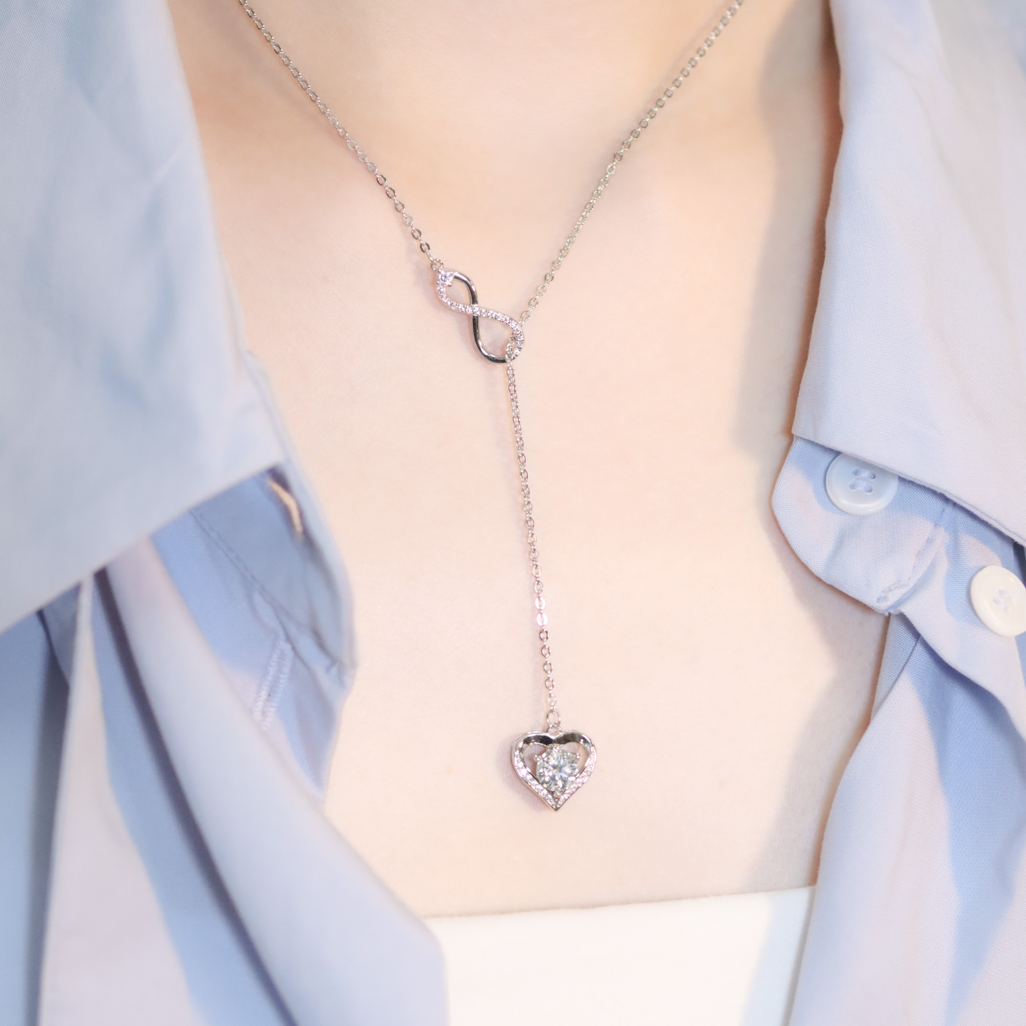 | 925純銀・厚鍍白金・莫桑石 | 鑽光無止境愛意項鍊 | NE1428 |