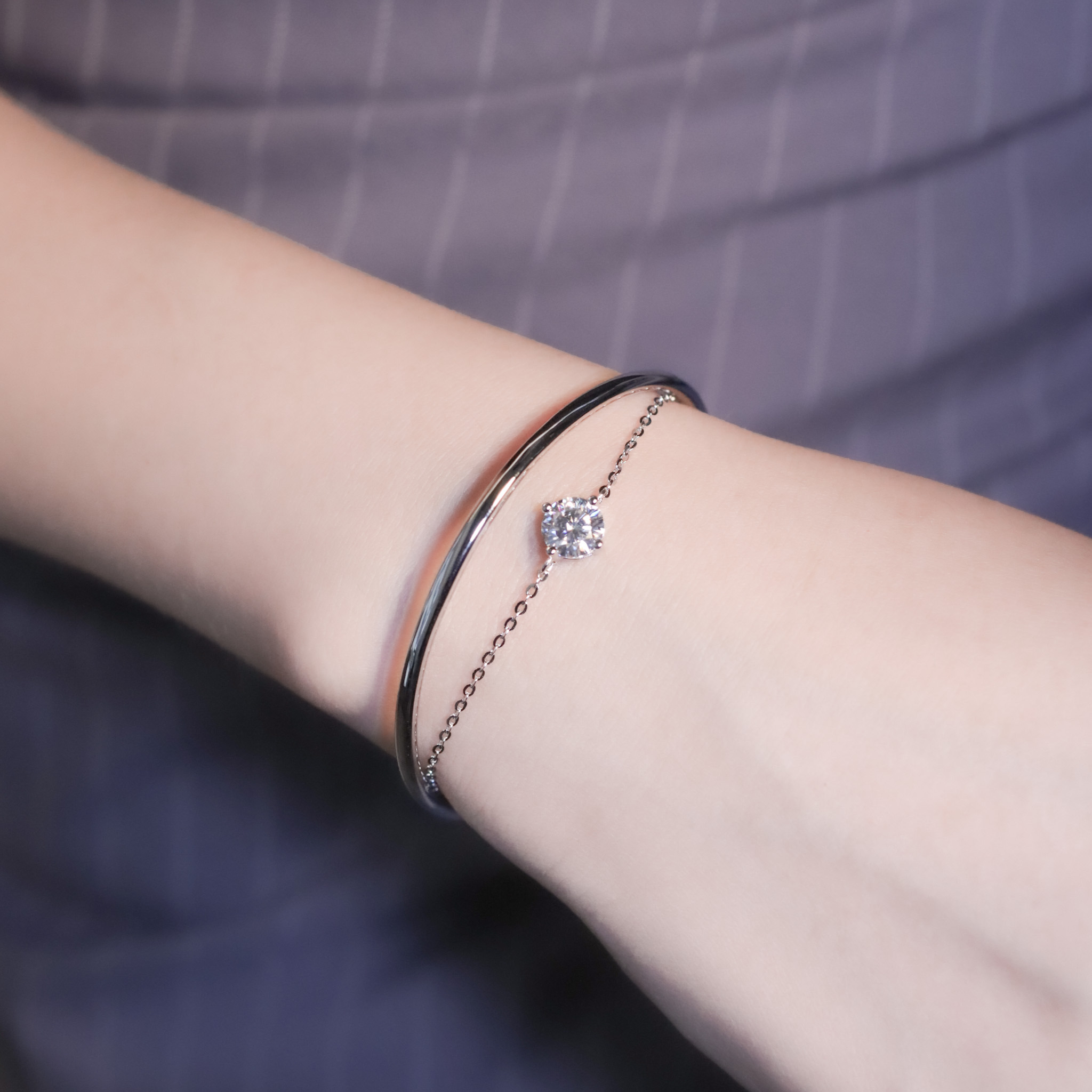 | 925純銀・ 厚鍍14k白金 ・莫桑石 | 鑽光純白精靈雙層鐲鏈 | BR1367 |