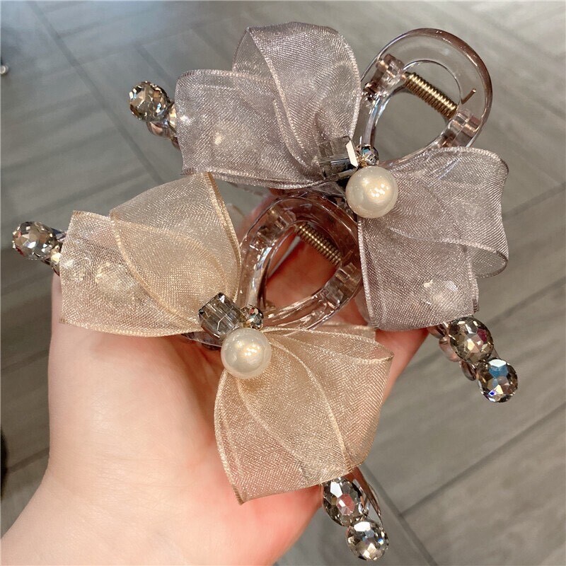 Z507水鑽水晶珍珠網紗蝴蝶結鯊魚夾