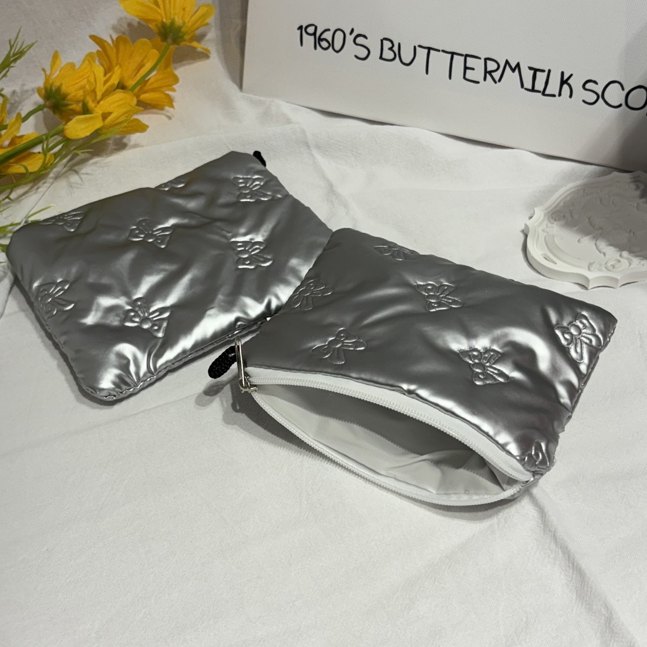 《6122》Y2K銀色蝴蝶結印花小包