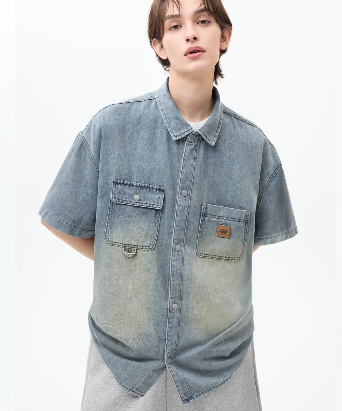 TRILLION Leather Patch Work Denim Half Shirt