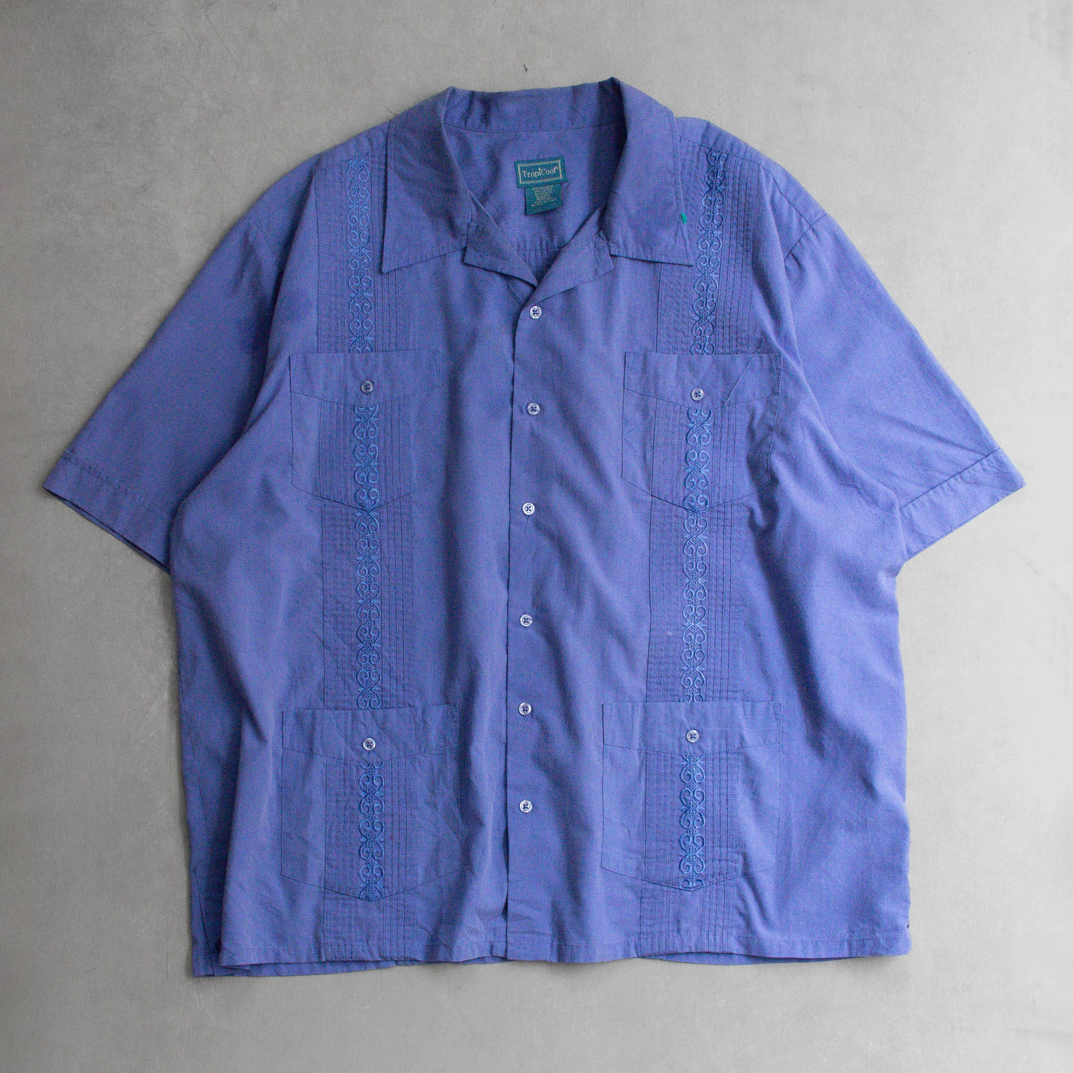 VINTAGE GUAYABERA CUBA SHIRT 美國 藍色 刺繡 古巴 開領 短袖 襯衫