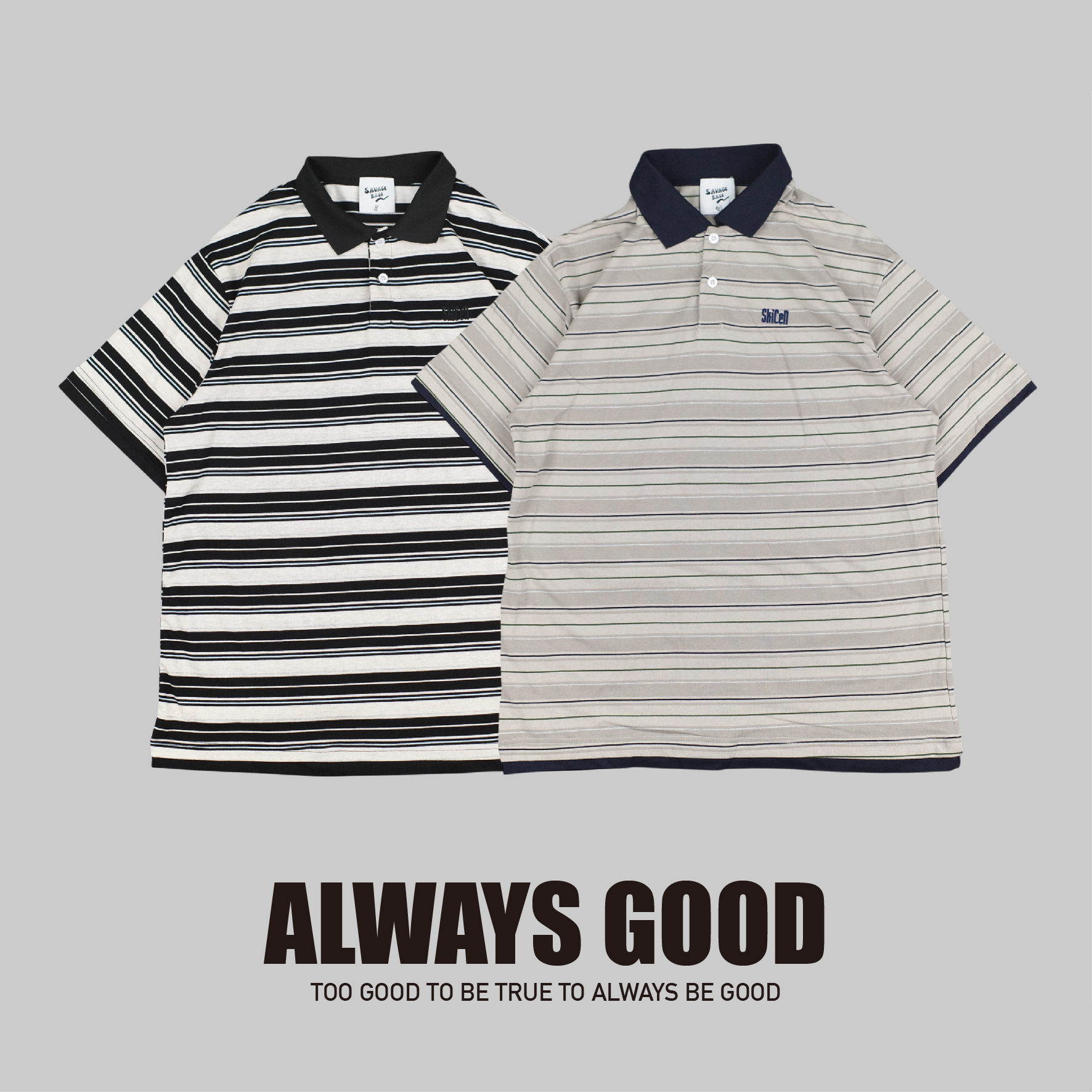 『Always_Good』日系 刺繡 橫條紋 POLO衫