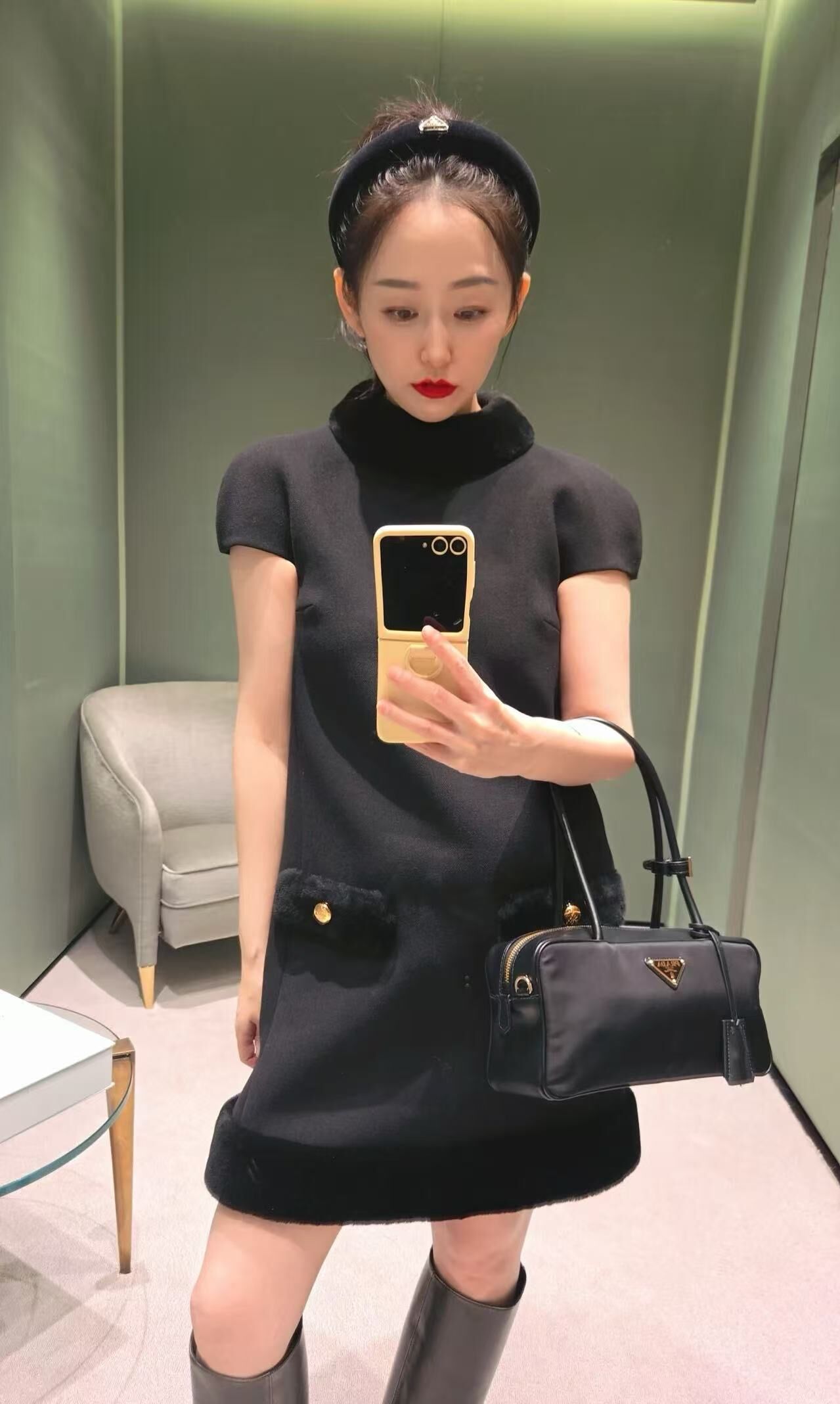 Prada 黑色拼皮公文包中號30c -T