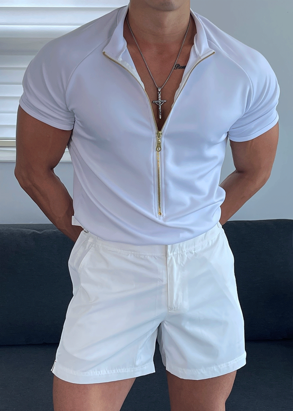 天絲半拉鍊短袖肌肉T恤