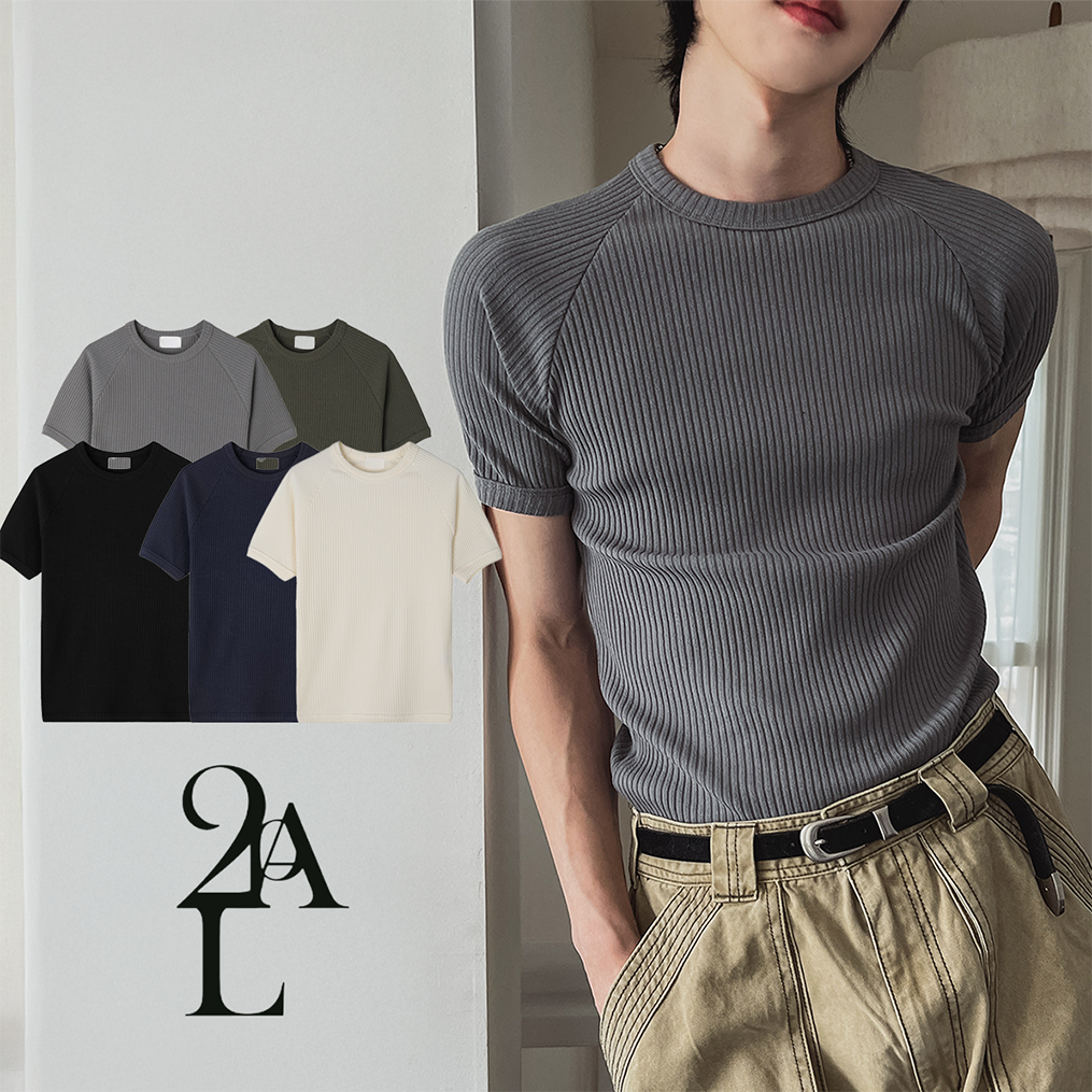 韓國 2 PLAN 羅紋緊身 合身 削肩 短袖上衣 TEE