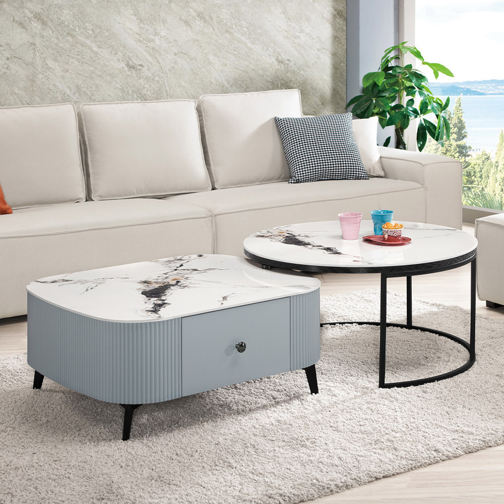 莫瑪造型伸縮岩板茶几組合(2.7尺單抽大茶几+2.7尺大圓几)