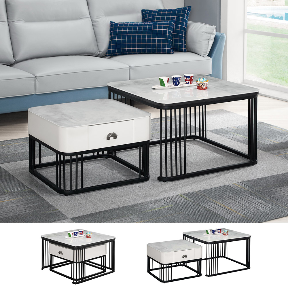 韋特工業風伸縮岩板茶几組合(2.3尺小茶几+1.8尺單抽小茶几)