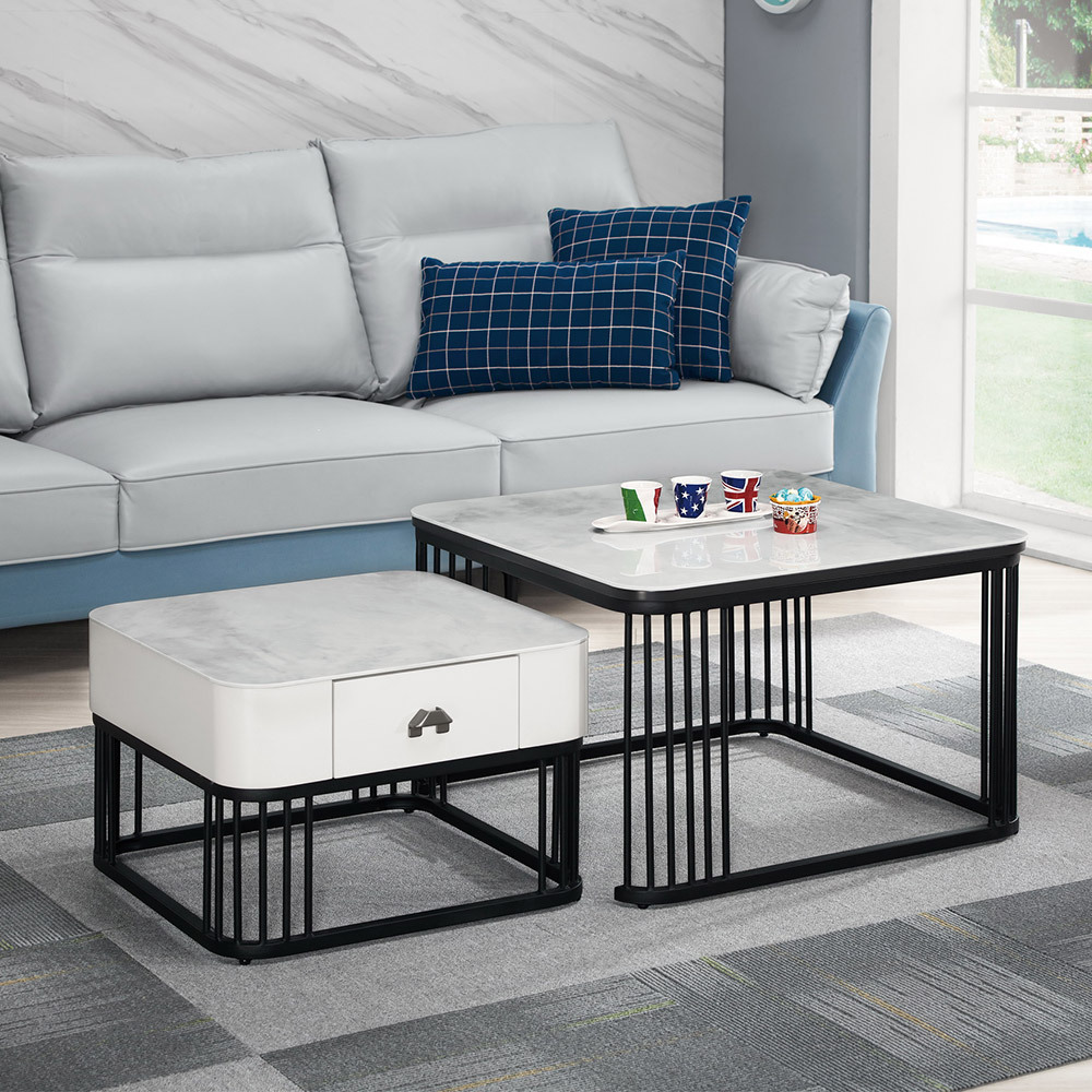 韋特工業風伸縮岩板茶几組合(2.3尺小茶几+1.8尺單抽小茶几)