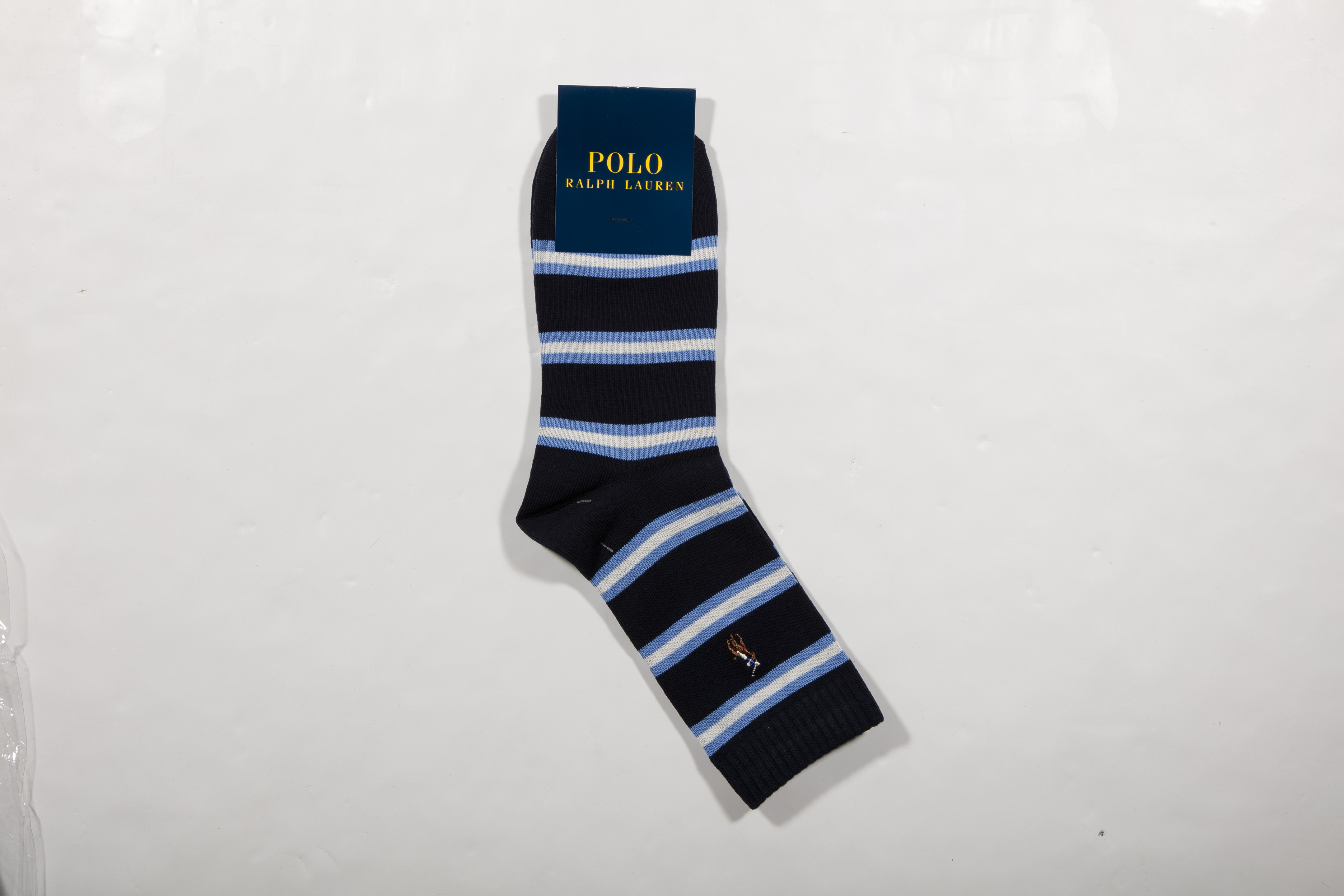 POLO RALPH LAUREN-男士條紋短襪 附polo多色刺繡(中藍)