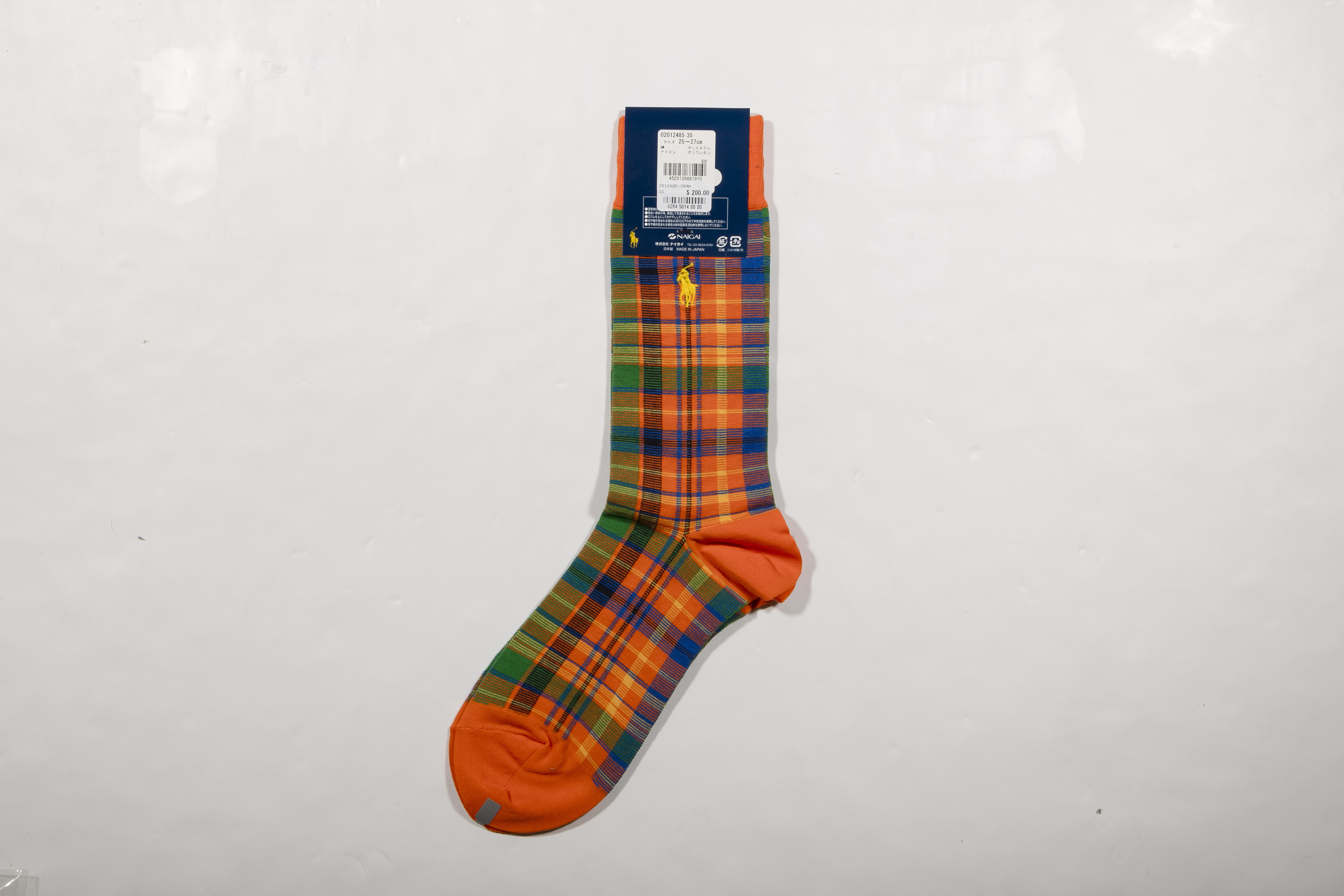 POLO RALPH LAUREN-男士常規格紋襪 附polo刺繡 日本製(橘)