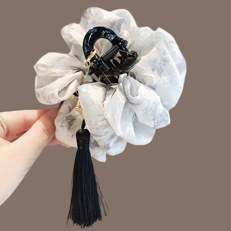New-Chinese-Style Ink‑Wash Puff‑Organza Tassel Hair Claw