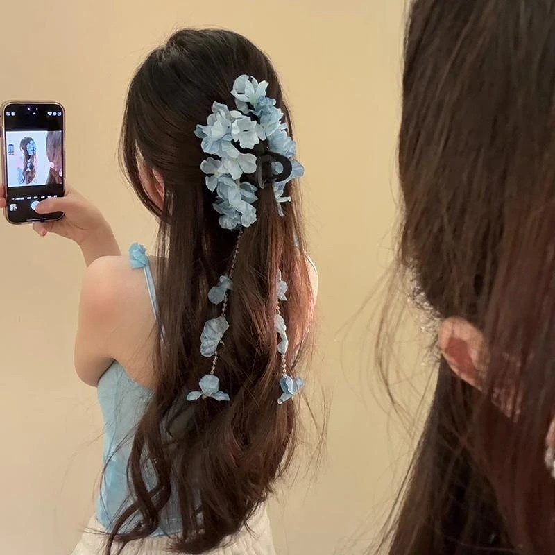 Floral Cascade ~ Blue Plumbago Tassel Hair Claw