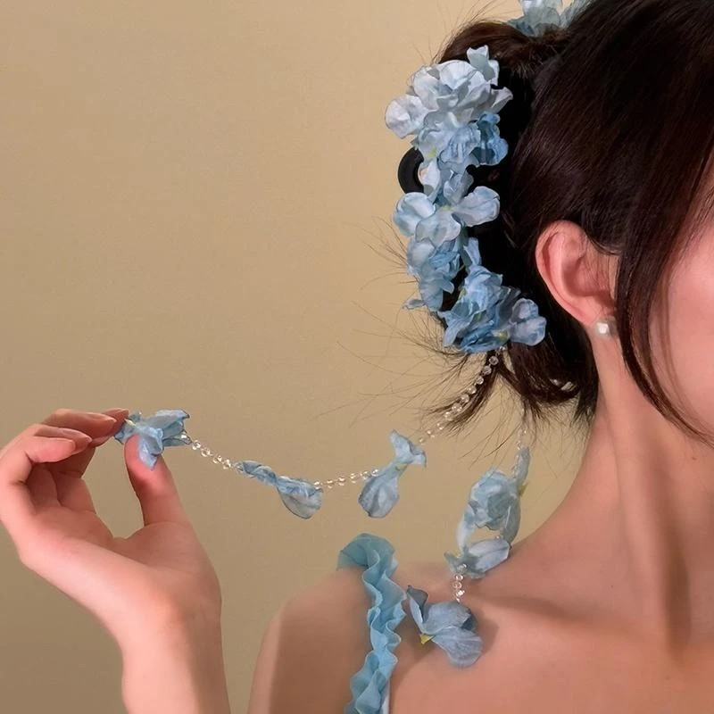 Floral Cascade ~ Blue Plumbago Tassel Hair Claw