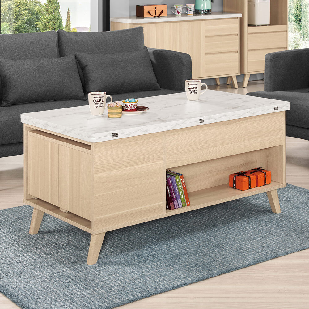 戴爾4尺多功能升降仿石面大茶几/餐桌-折疊大桌面+附收納小椅凳二入