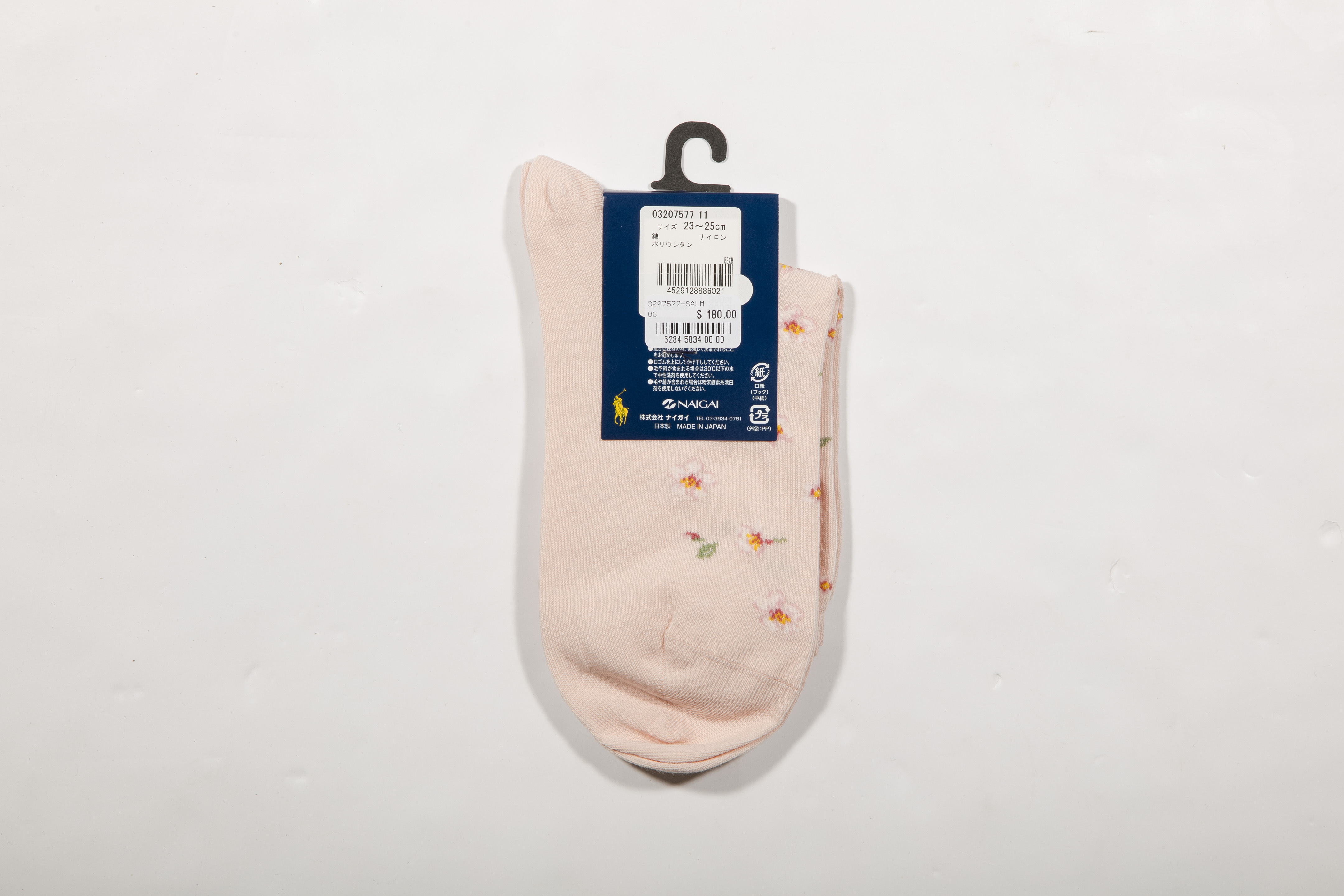 POLO RALPH LAUREN-女款花卉襪 附polo刺繡 日本製(鮭魚粉)