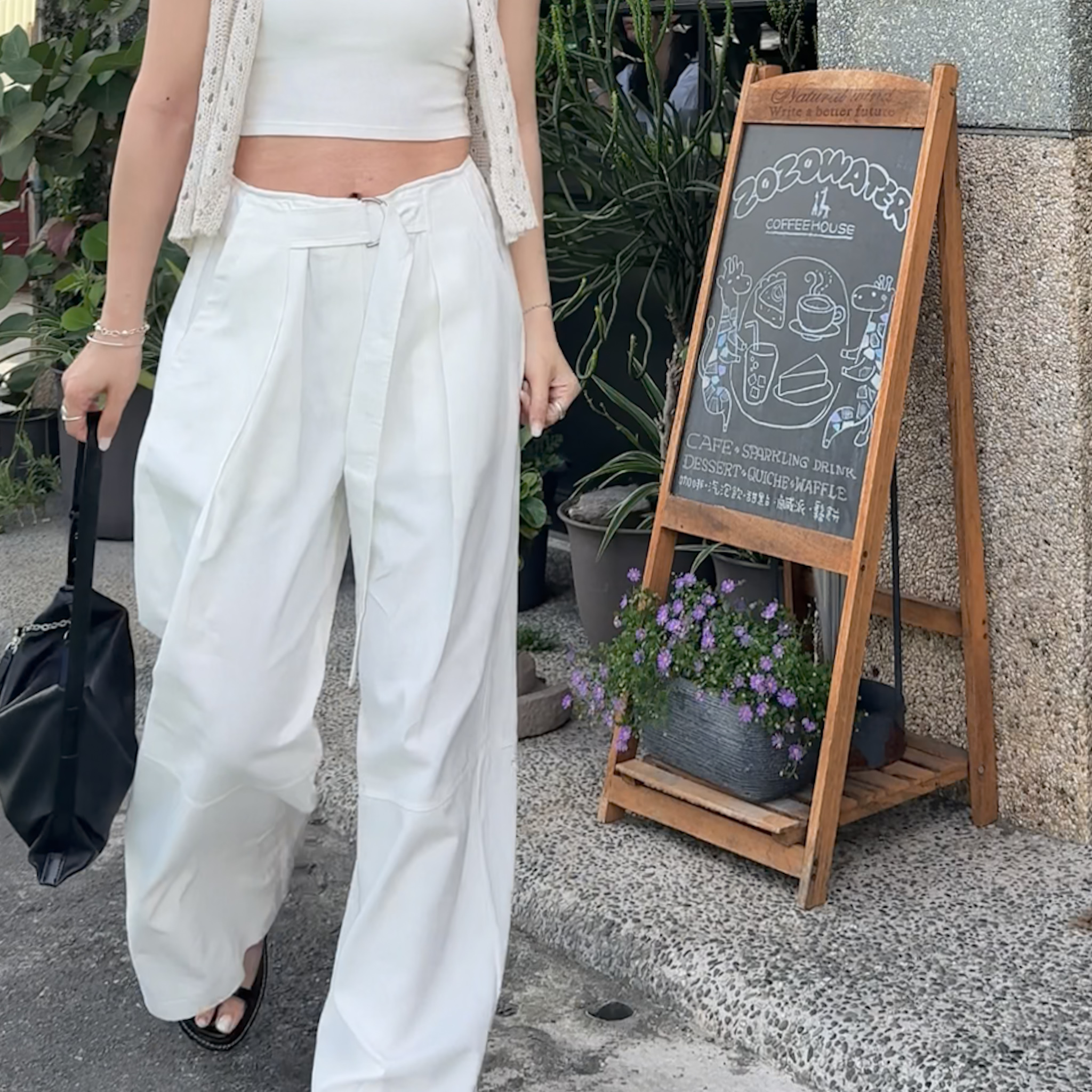 鬆弛設計切線腰釦環棉麻休閒褲(S)