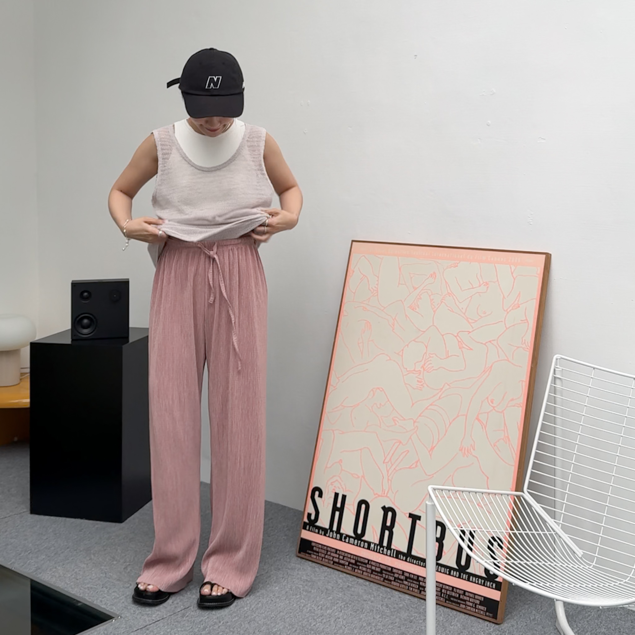 H08大彈性細摺抽繩褲(粉)