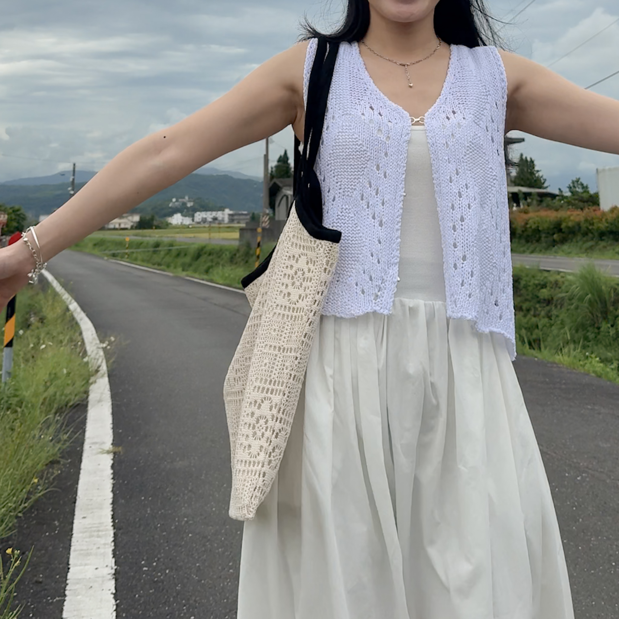 菱格鉤織夏季棉麻背心(白)