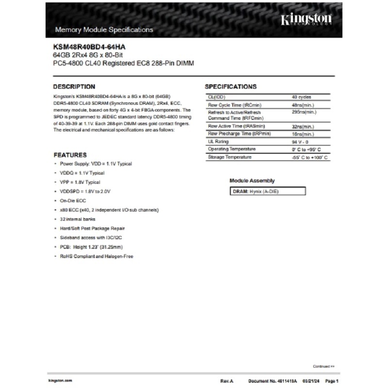 米特3C數位–【僅拆封測試】金士頓 64G DDR5-4800 伺服器記憶體/ECC Reg CL40