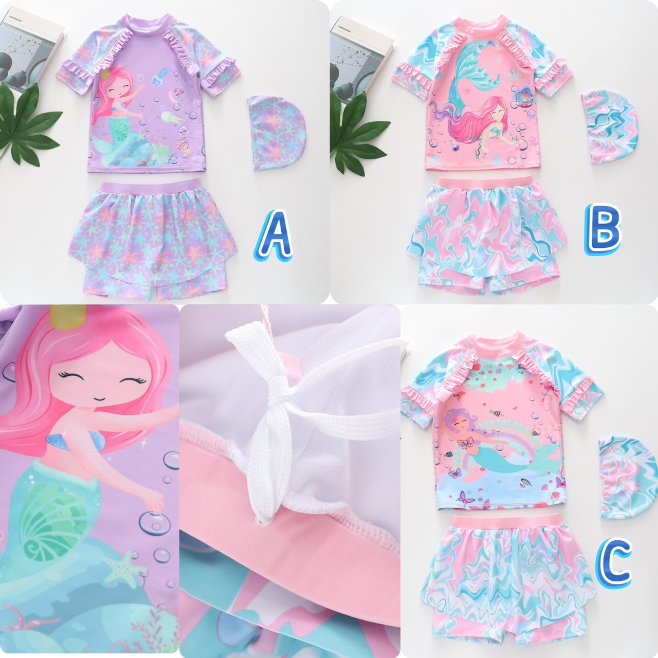 女童美人魚兩件套泳衣連泳帽套裝 -2501522