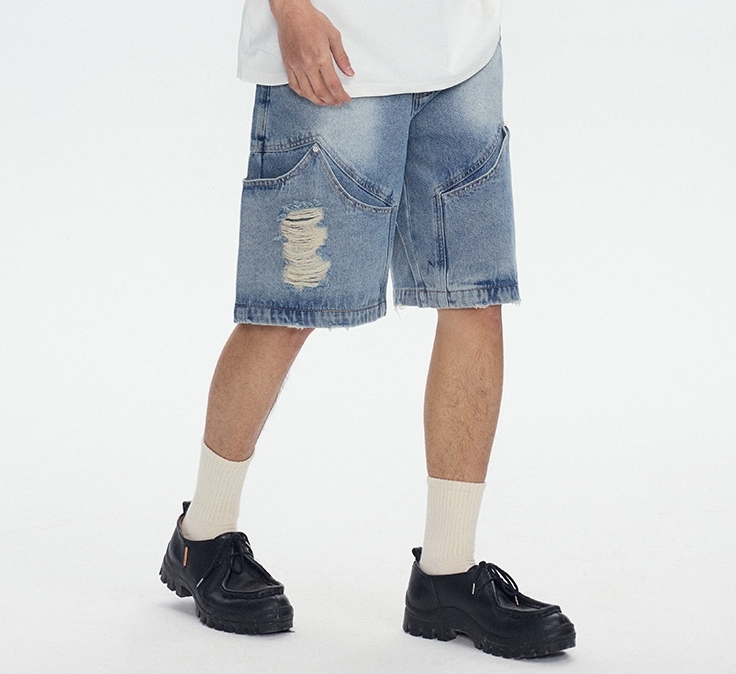 7M24 街頭感刷破五分牛仔褲 一色