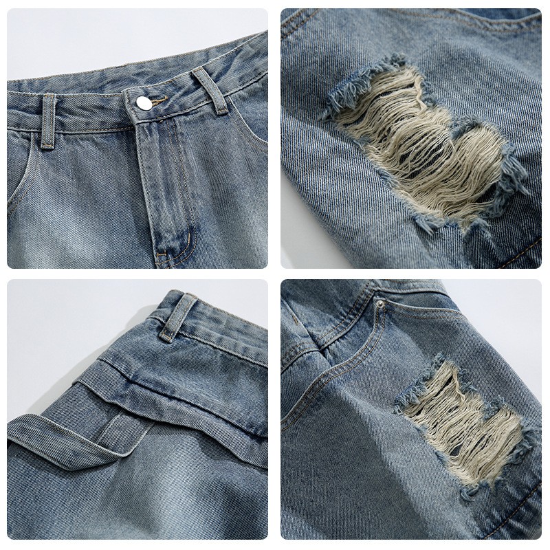 7M24 街頭感刷破五分牛仔褲 一色