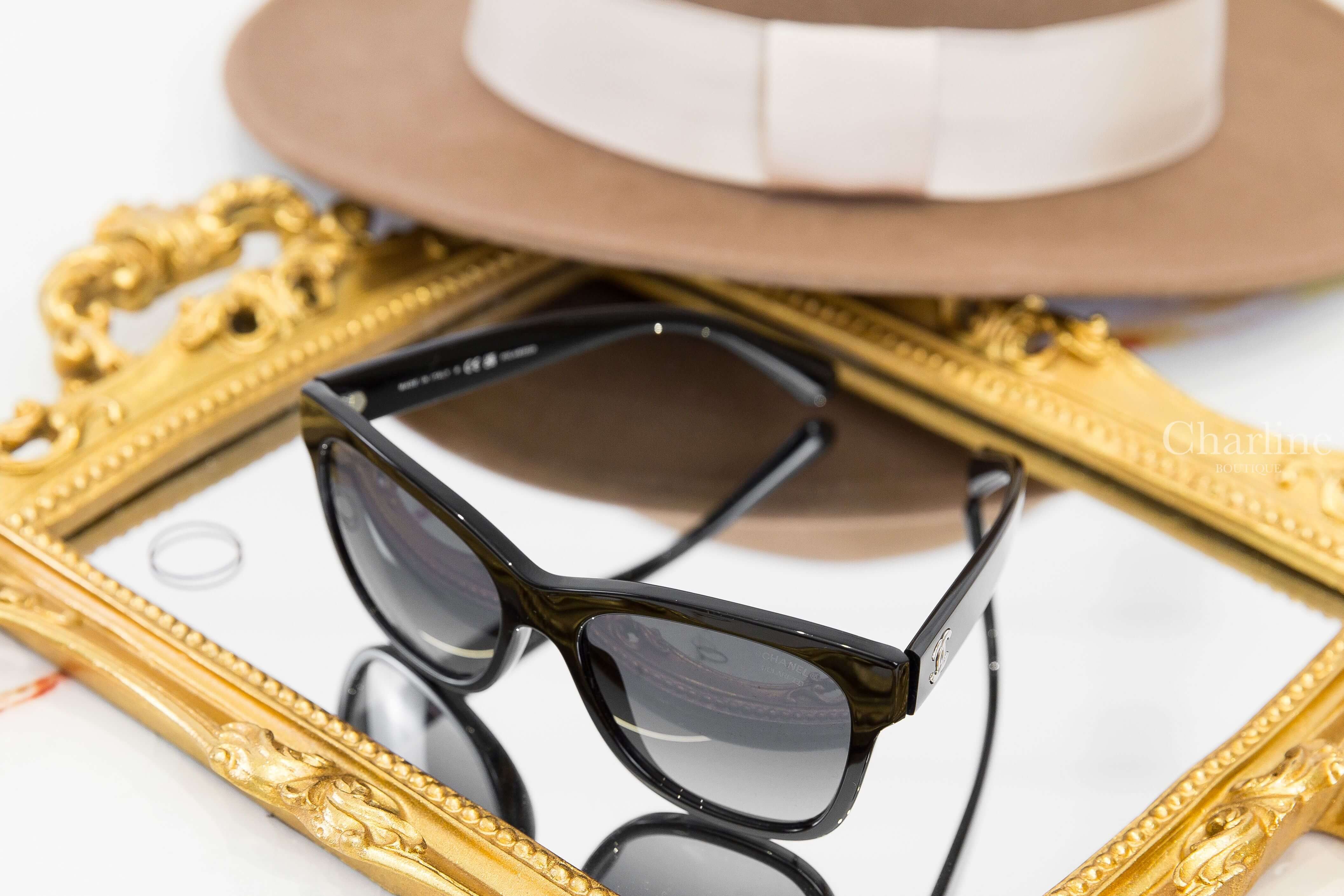 Chanel Square Sunglasses 黑色方框灰色漸層鏡片側邊銀色CC太陽眼鏡-Charline Boutique 精品代購