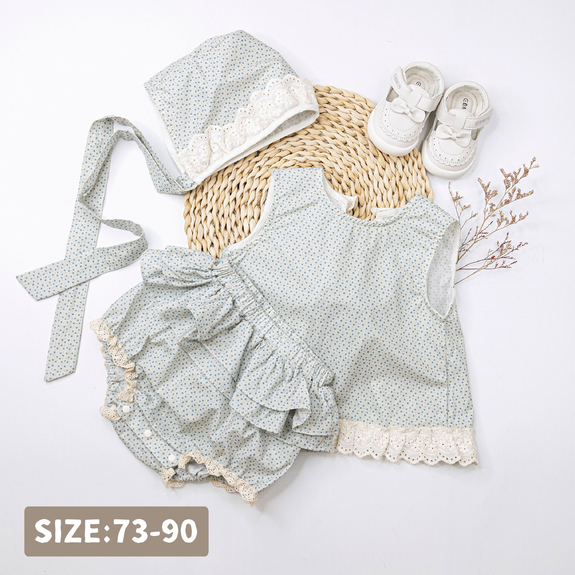 【JG0525】藝術小碎花荷葉設計套裝(帽+衣+褲)