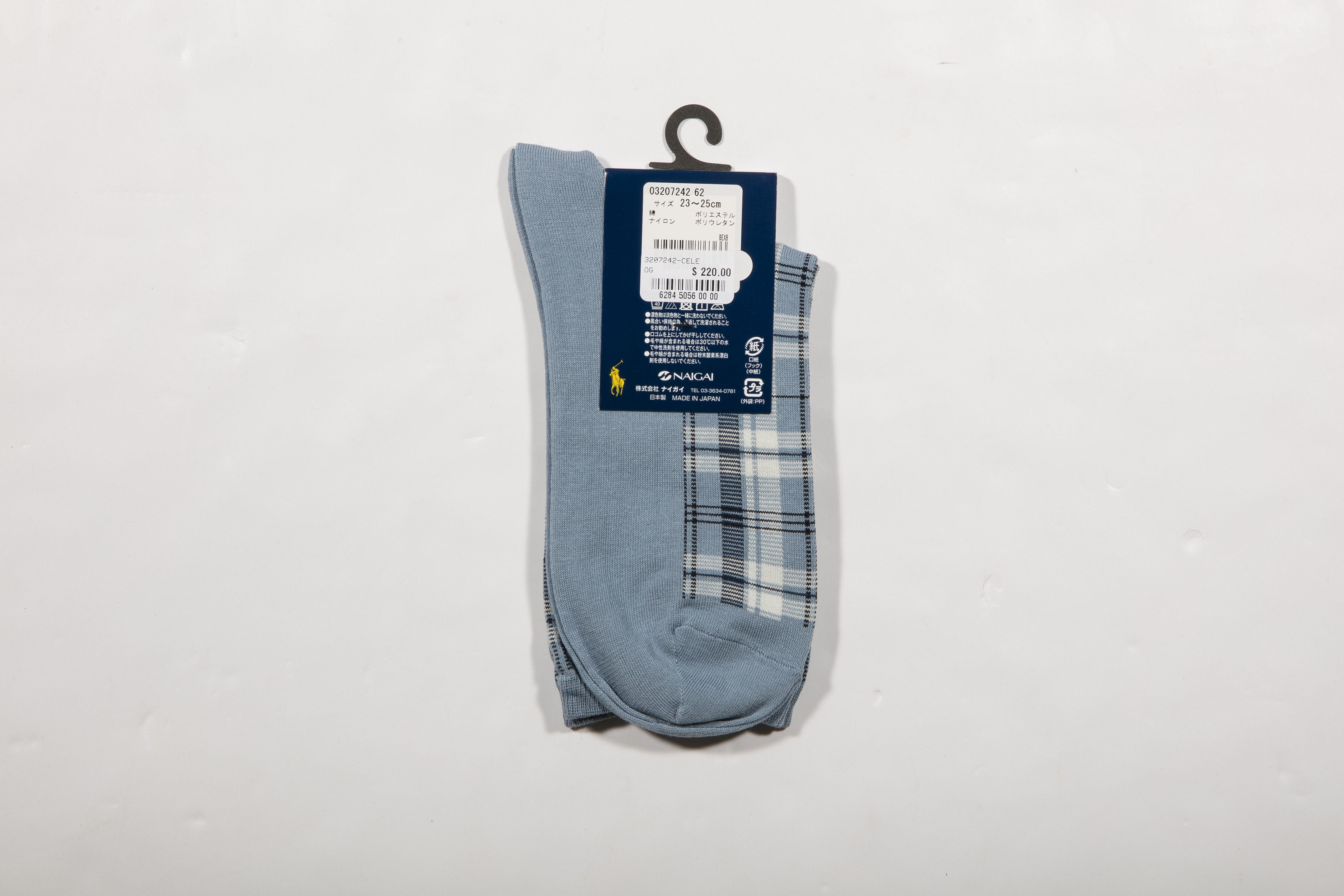 POLO RALPH LAUREN-女款格紋襪 附Polo刺繡 日本製(天藍)