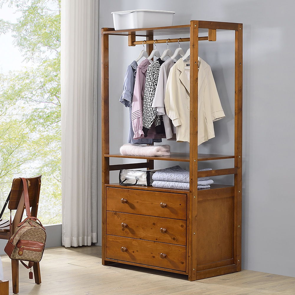 奧尼2.7尺開放式三抽實木衣櫃(兩色可選)