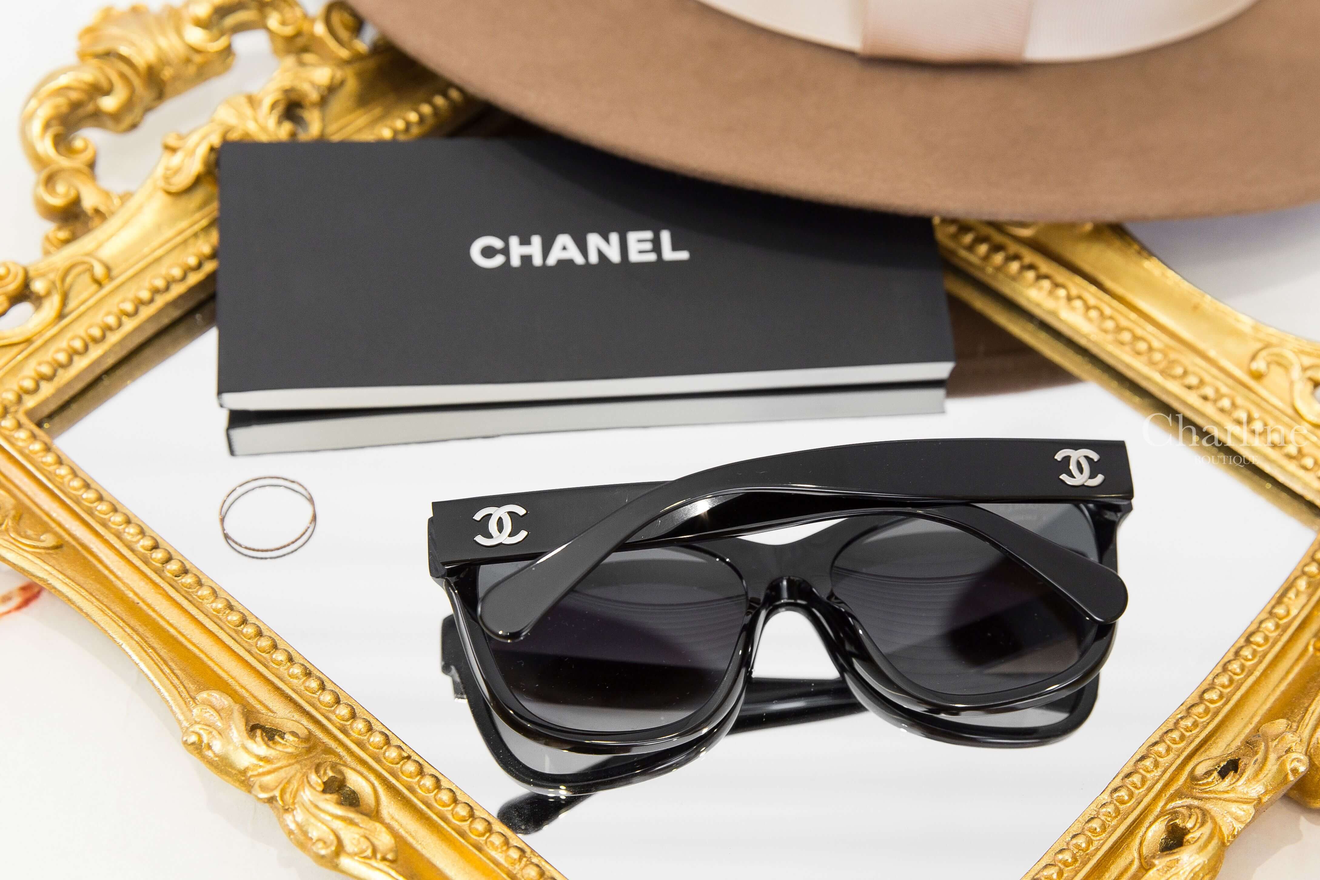 Chanel Square Sunglasses 黑色方框灰色漸層鏡片側邊銀色CC太陽眼鏡-Charline Boutique 精品代購