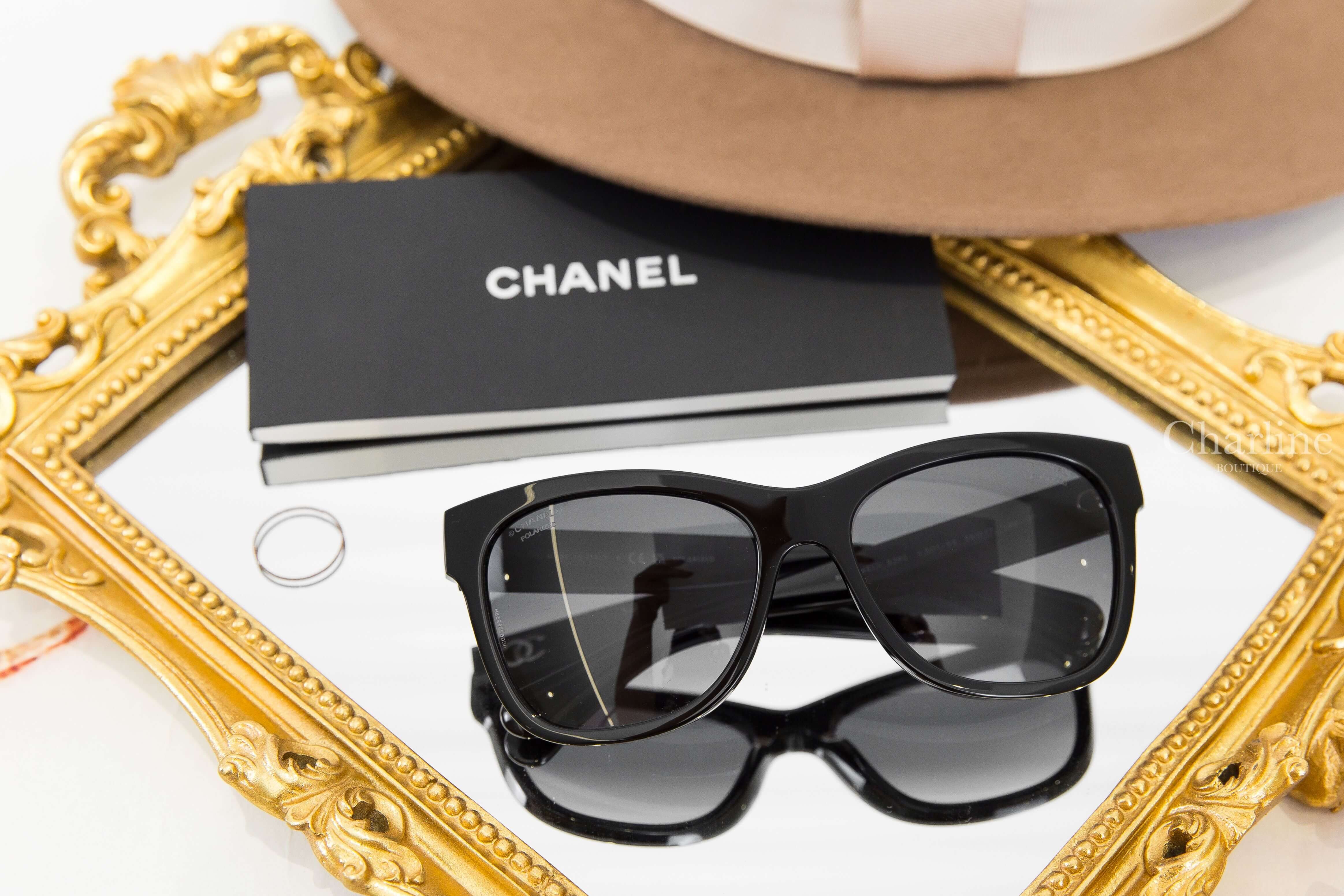 Chanel Square Sunglasses 黑色方框灰色漸層鏡片側邊銀色CC太陽眼鏡-Charline Boutique 精品代購