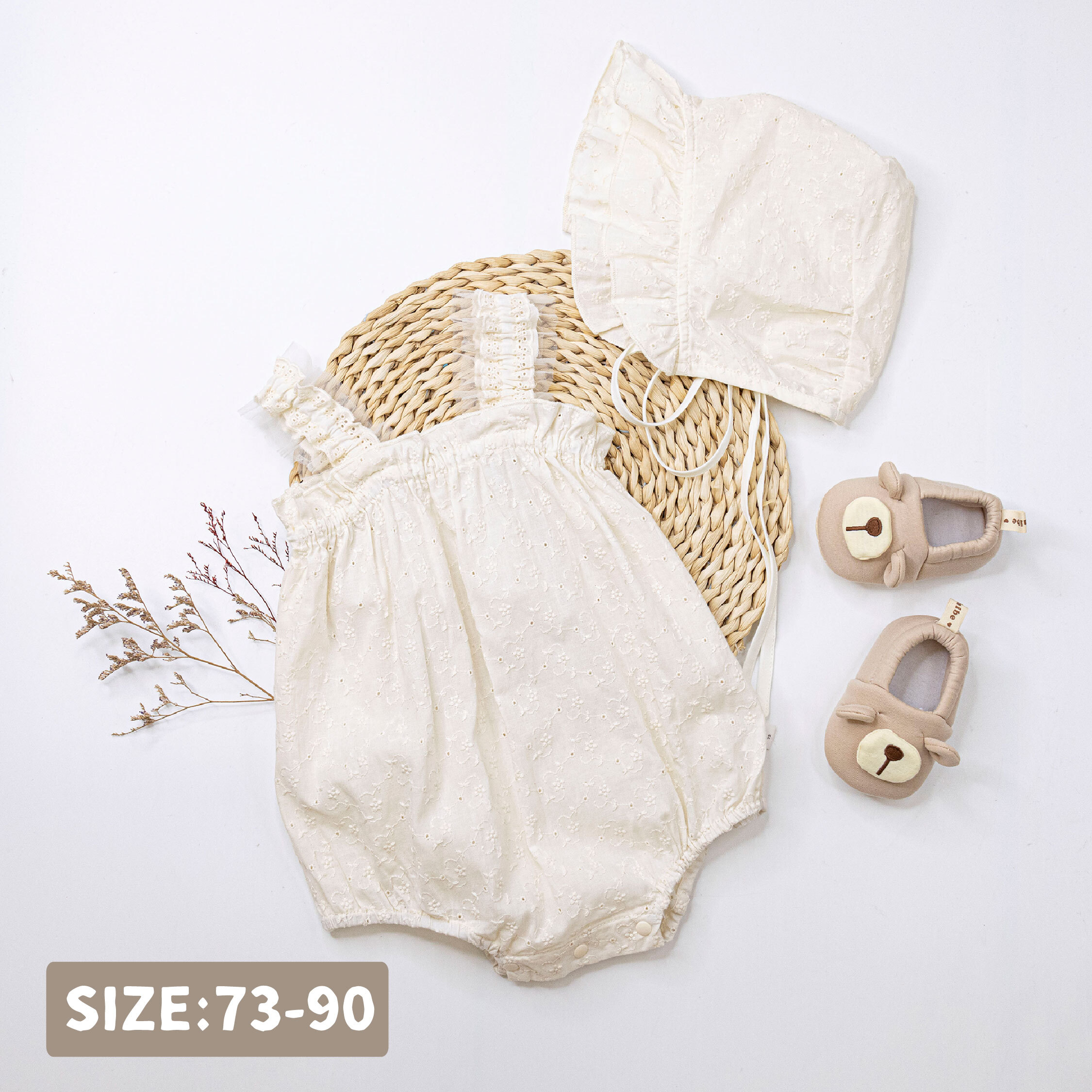 【JG0524】氣質緹花網紗拼接包屁套裝(帽+衣)