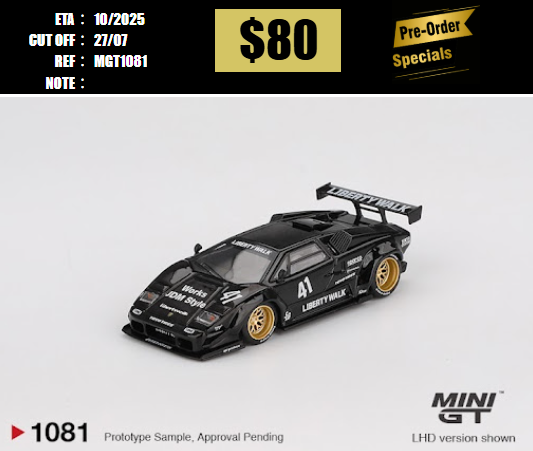 PO-$80 * MINI GT * 1:64 1081 Lamborghini Countach LB-WORKS Black LHD [OD14/07]