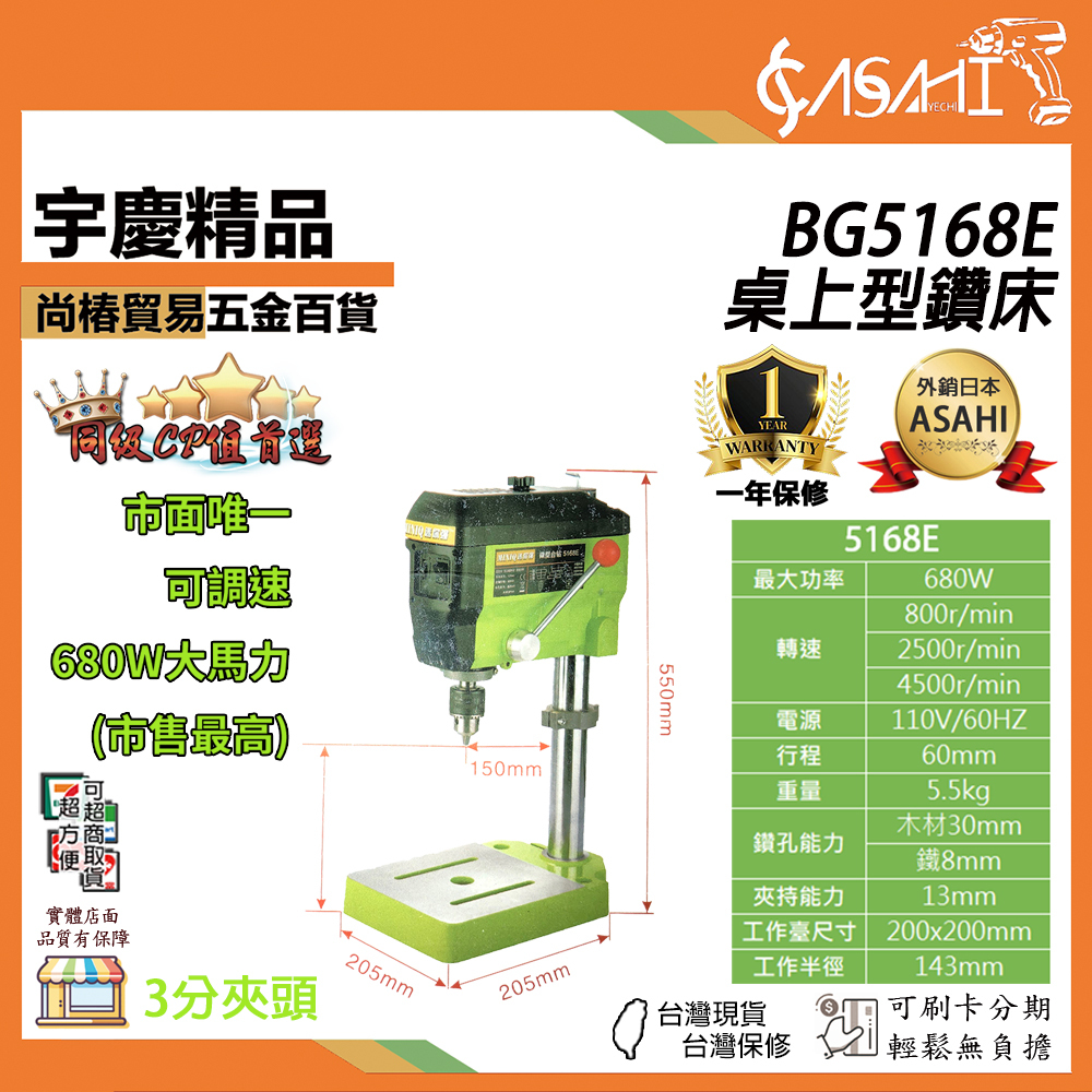附發票｜BG5168E桌上型鑽床｜ 2021最新款 可調速  3分夾頭