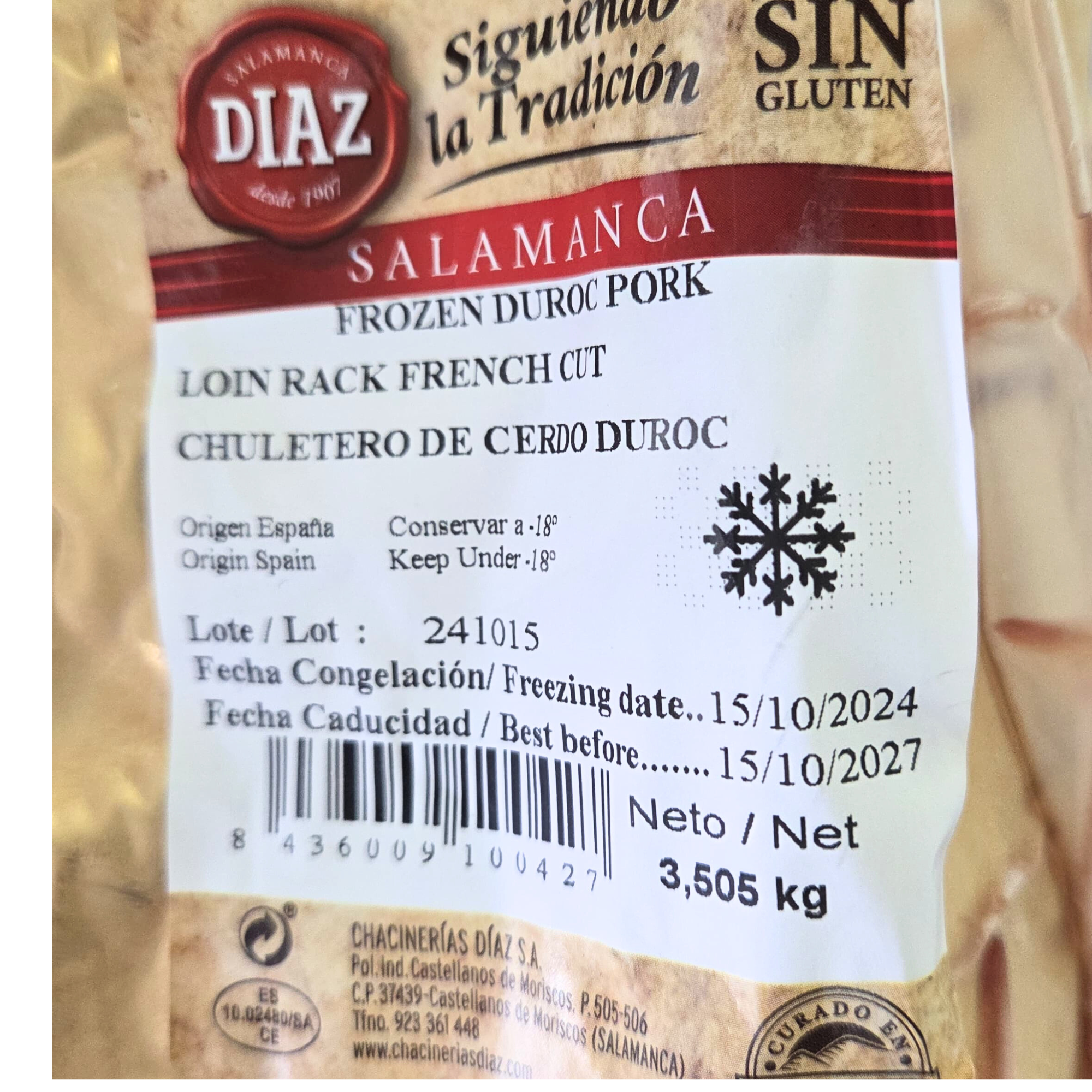 西班牙 Diaz 杜洛克豬帶骨法式裡肌肉豬鞍架 Duroc Pork Bone-In Trimmed French Cut Loin Rack   固定價格 3.0-3.3公斤/包 +/-5% (冷凍-18C)