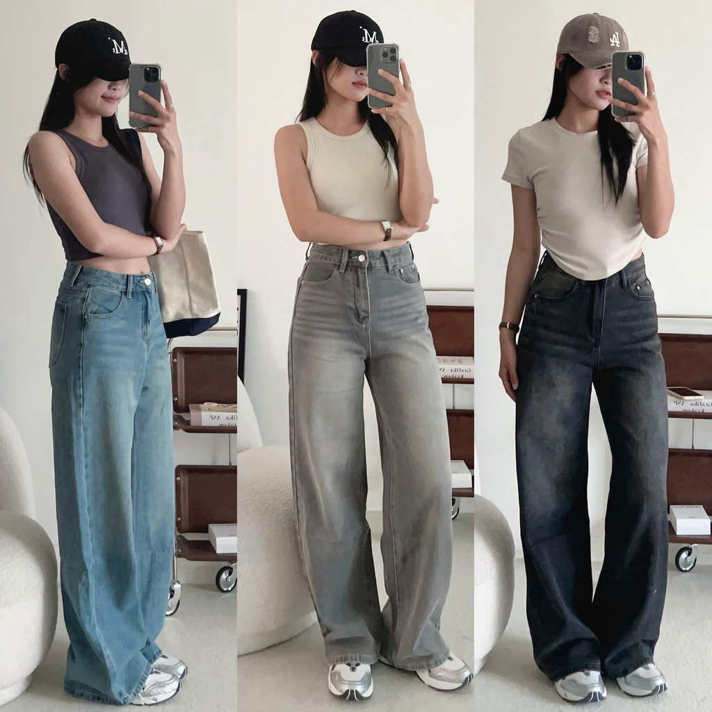 （部分現貨）🔥NJ122「FOR GIRLS」氣死真的有夠好看! 百搭刷色牛仔寬褲