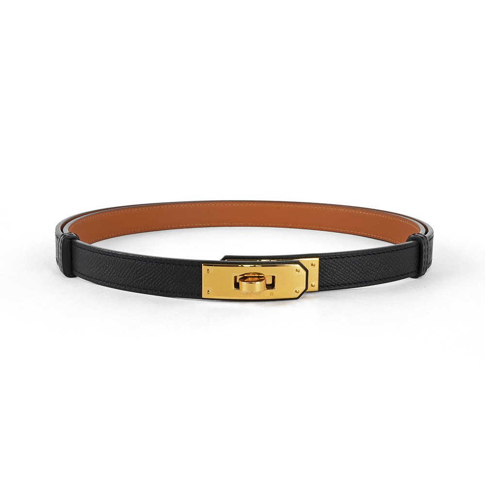 【Hermès】金色轉釦Epsom 牛皮可調式 Kelly 18 皮帶(黑色)
