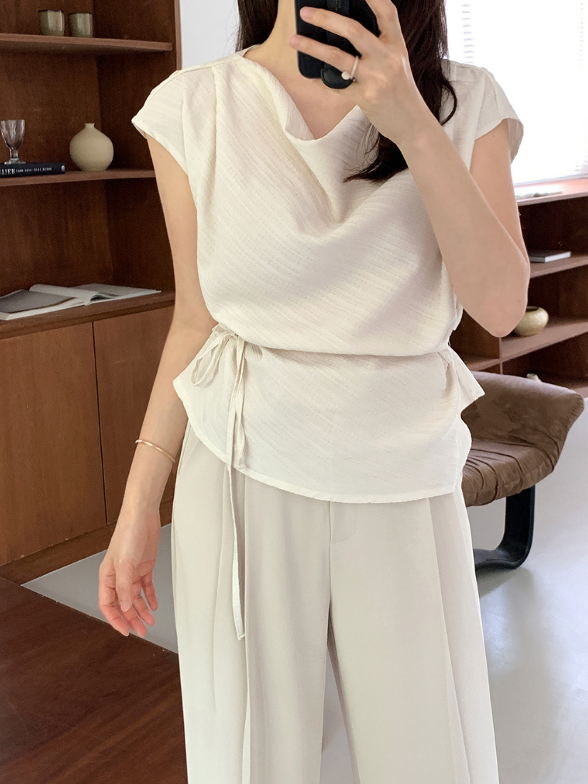 [現貨] Yuri Draped-Neck Cap Sleeve Tie-Waist Top [ Dark Gray / Free ]