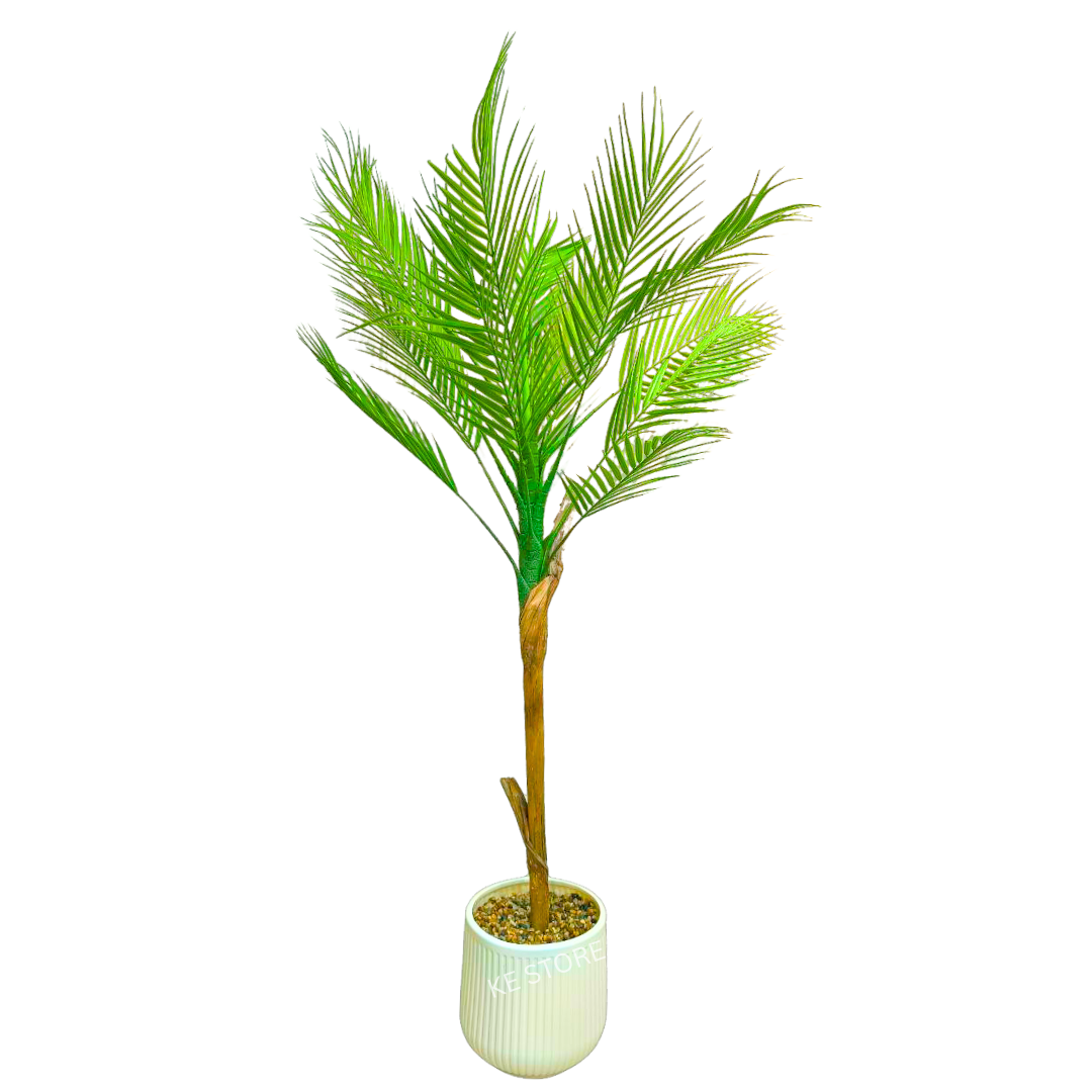 Artificial Palm Plant in White Ribbed Pot – Tropical Greenery Decor