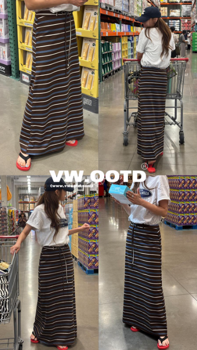 拼色橫間直筒半長裙