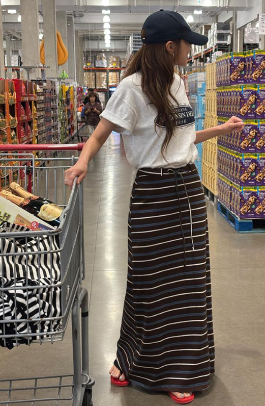 拼色橫間直筒半長裙