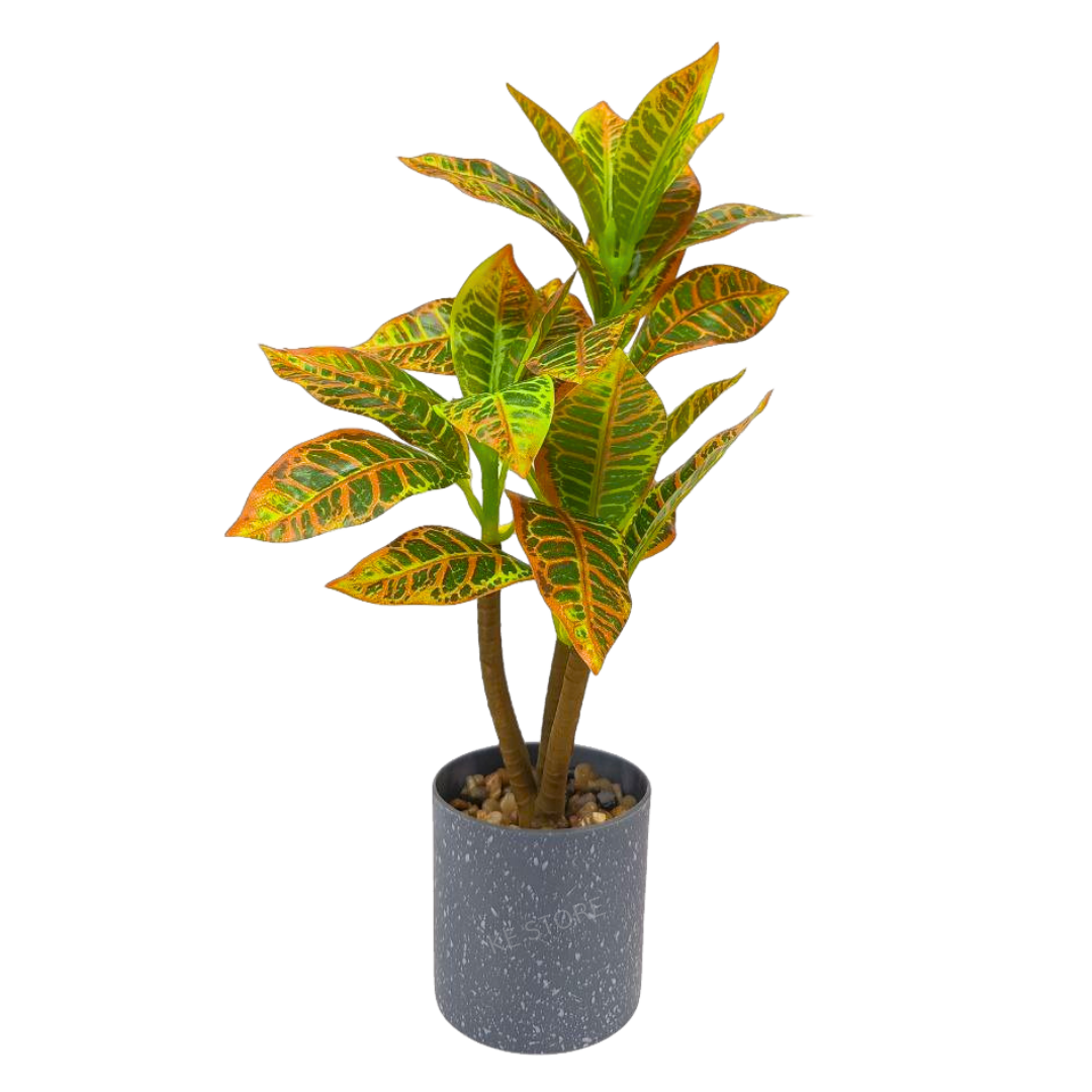 Artificial Croton Plant in Grey Pot – Realistic Tropical Decor