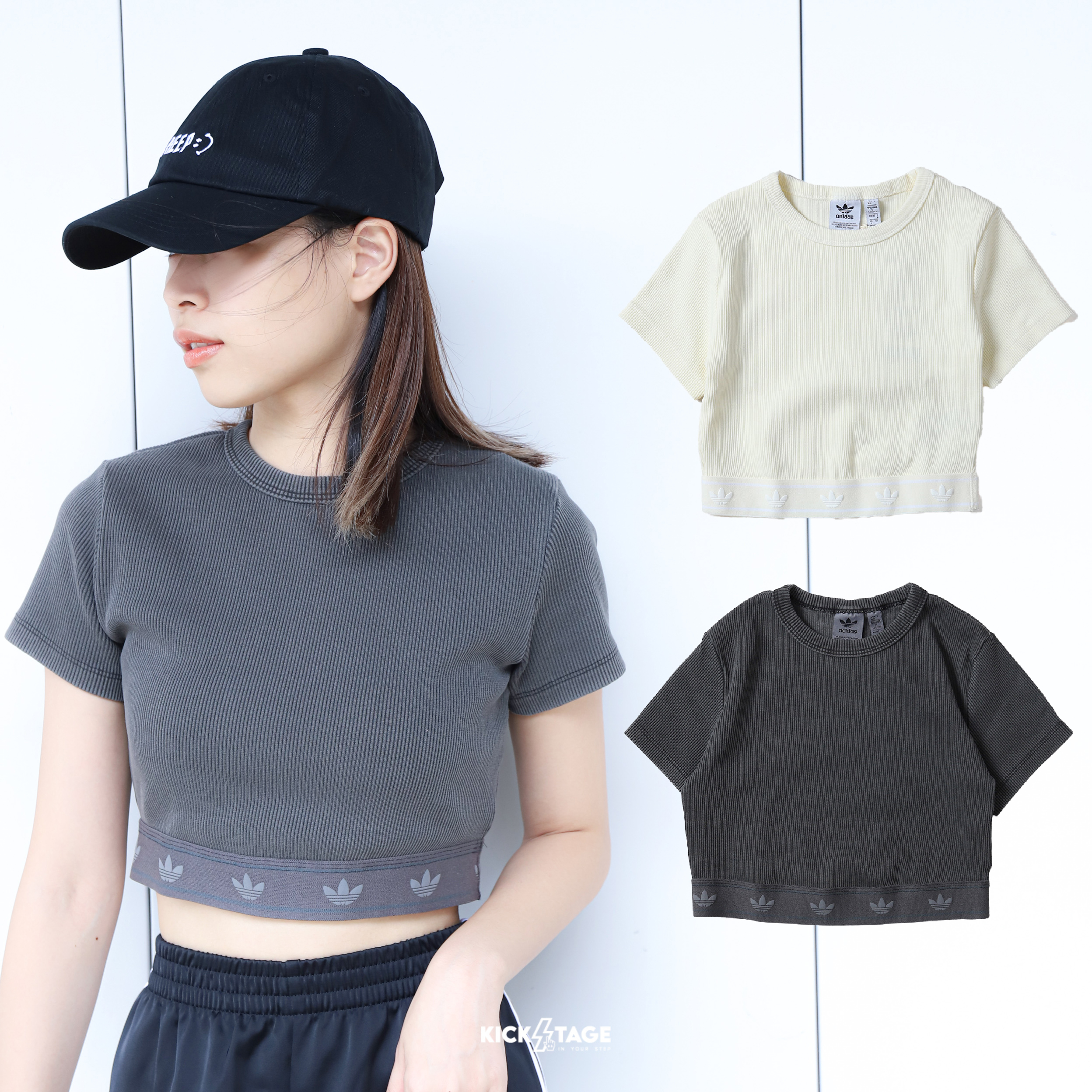 女款 ADIDAS RIB SS TOP 深灰 米白 三葉草 羅紋 短版 緊身 短袖 運動 短T【JD0040/JD0041】