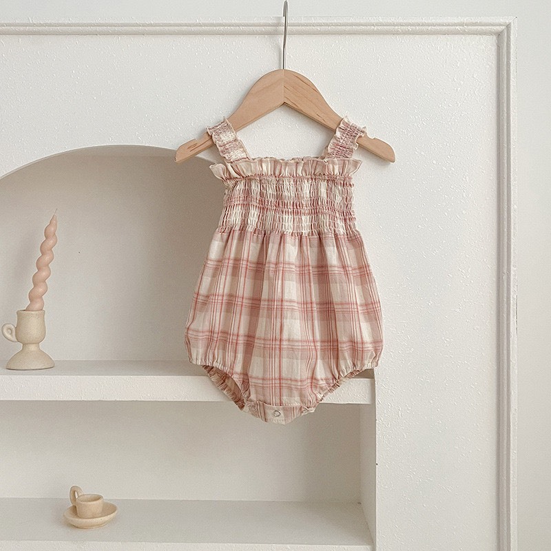 吊帶粉格子包屁衣