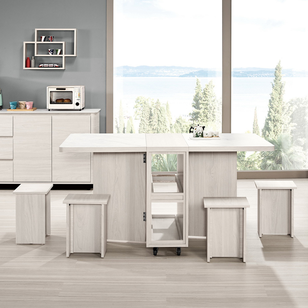 奧菲2.7尺仿石面多功能伸縮折疊桌(折合餐桌+椅凳四入)