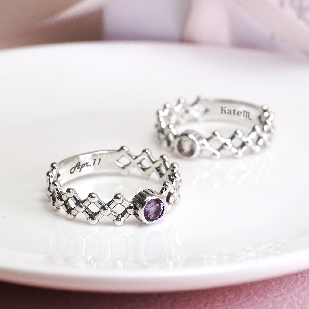 刻字版 天然誕生石 925純銀戒指 菱格編織設計 客製化訂製 生日禮物